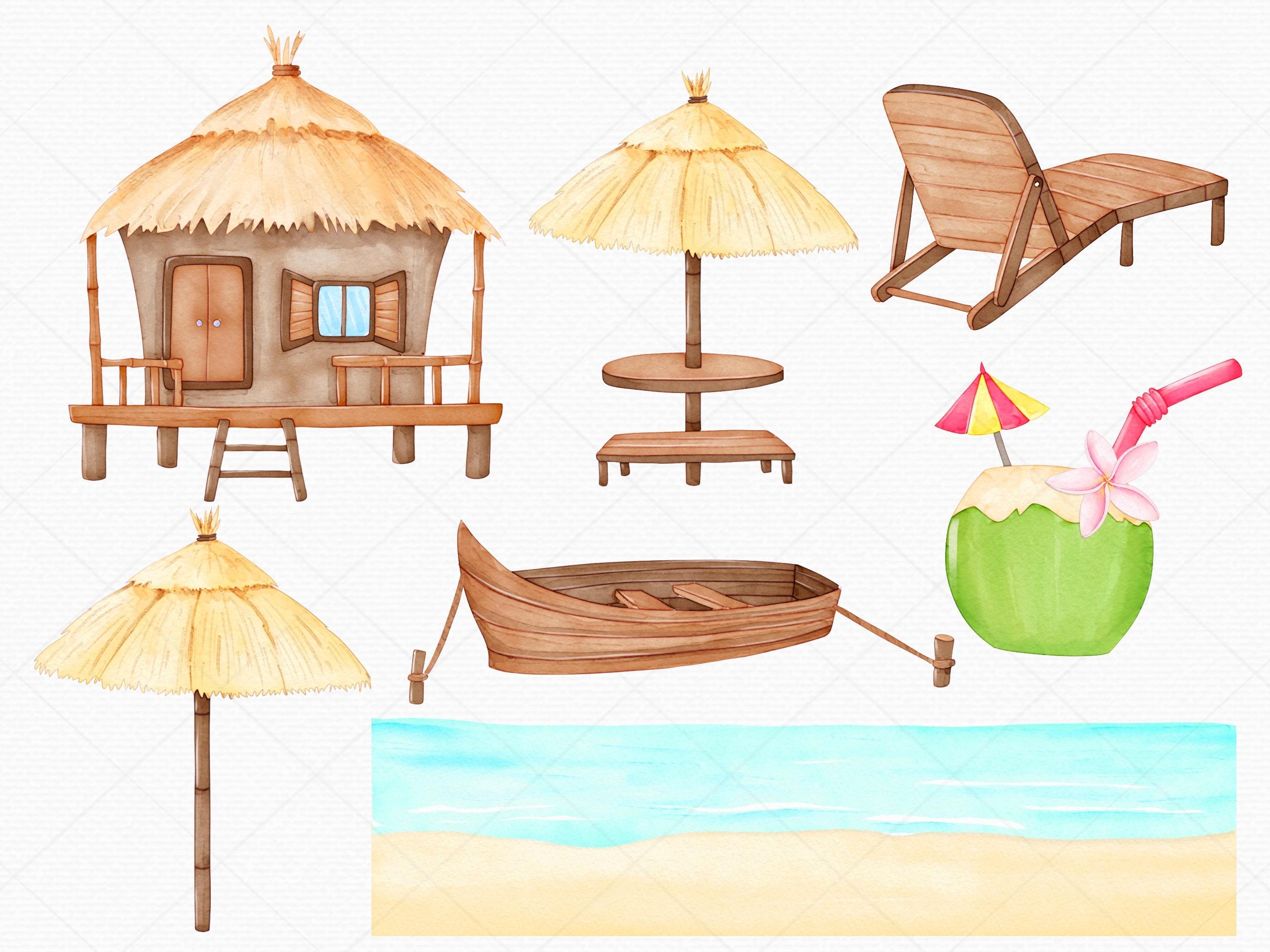 Watercolor Tropical Beach Clipart Bundle: Summer Vacation PNG (digital ...
