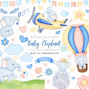 Baby Elefant Clipart png, Aquarell niedlicher Elefant Clip Art, Elefant Baby Junge, Flugzeug, Sublimation png, Junge-Baby-Dusche, Kinderzimmer Dekor