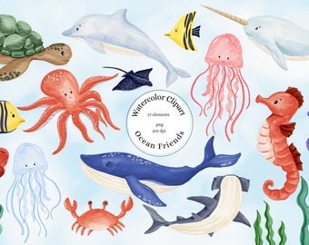 Watercolor Ocean Animals Clipart, Sea Creatures Clipart, Whale, Shark, Jellyfish, Tropical Coral Reef, PNG, Underwater Life, Summer, Clipart