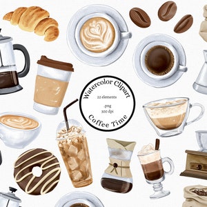 Watercolor Coffee Clipart, Coffee Bean Clipart, Cafe, Espresso, Clipart, Frappe, coffee grinder, mocha pot,sublimation png, French press