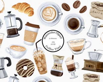 Watercolor Coffee Clipart Set: Cafe Drinks, Beans, and Supplies (PNG Digital Download)