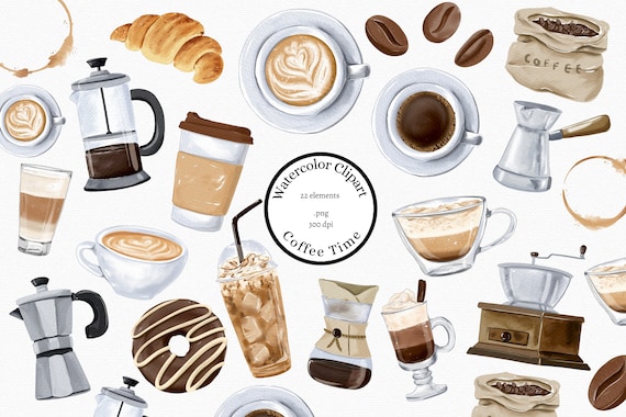Watercolor Coffee Clipart Set: Cafe Drinks, Beans, and Supplies (PNG Digital Download)