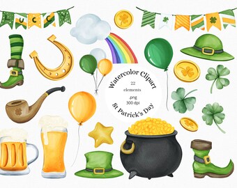Clipart acquerello di San Patrizio: trifoglio, birra (file PNG da scaricare digitalmente)
