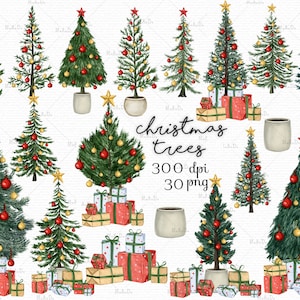 Watercolor Christmas Trees Clipart, Christmas Pine Trees Clip art, Christmas png, Christmas Gift Wrapping, Instant Download, commercial use