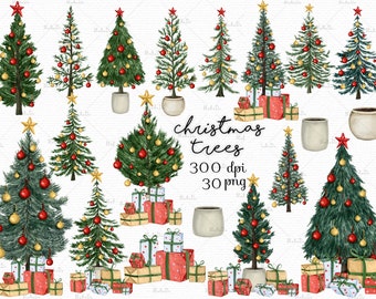 Watercolor Christmas Trees Clipart, Christmas Pine Trees Clip art, Christmas png, Christmas Gift Wrapping, Instant Download, commercial use