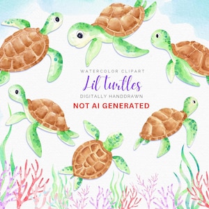 Watercolor Turtle Clipart, Ocean Turtle Clipart, Under the sea, Tropical Coral Reef, PNG, Underwater Life, Summer Clipart, commercial use