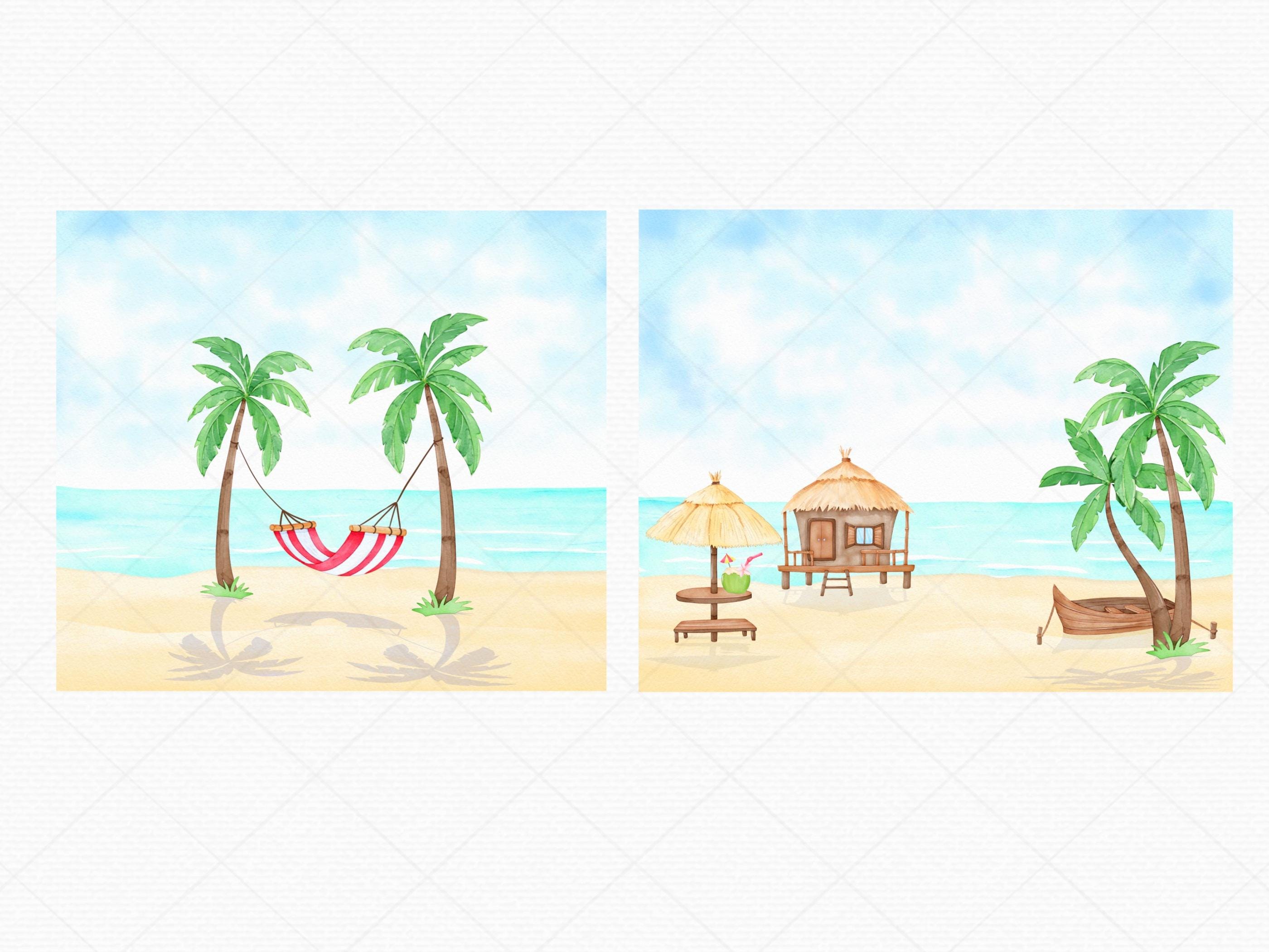 Watercolor Tropical Beach Clipart Bundle: Summer Vacation PNG (digital ...
