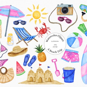 Summer Beach Clipart, Watercolor Beach Clipart, Surfing , Beach Fashion Clip art, Tropical Summer, Vacation, Holiday, PNG, Cocktail