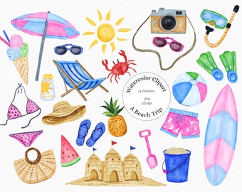 Summer Beach Clipart, Watercolor Beach Clipart, Surfing , Beach Fashion Clip art, Tropical Summer, Vacation, Holiday, PNG, Cocktail