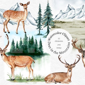 Woodland clipart, Watercolor Deer clip art, winter, mountain landscape clipart, forest animals, sublimation png, commercial use