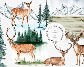 Woodland clipart, Watercolor Deer clip art, winter, mountain landscape clipart, forest animals, sublimation png, commercial use