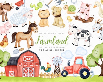 Cute Farm Animals Clipart, Farm Watercolor Clipart, Farm Birthday Invitation, Nursery Decor Wall Art, Baby Shower,Sublimation, Farmhouse png