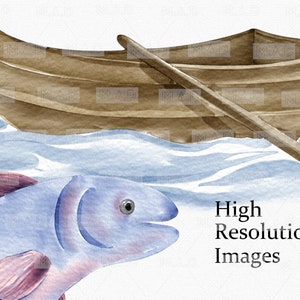 May include: A watercolor painting of a blue and pink fish swimming towards a wooden rowboat with a wooden oar. The boat is floating on blue water.