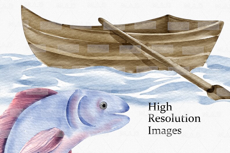May include: A watercolor painting of a blue and pink fish swimming towards a wooden rowboat with a wooden oar. The boat is floating on blue water.