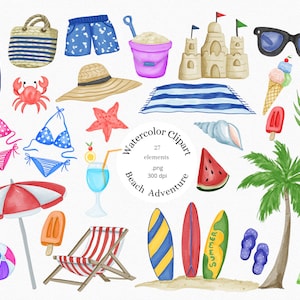 Aquarell Sommer Strand Clipart, Tropischer Strand Clipart, Sommerferien, Clipart, Reise, Palme, Surfer Strand, Surfen, PNG, Sandburg