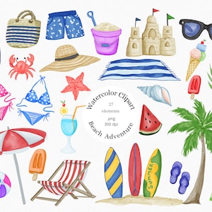 Watercolor Summer Beach Clipart, Tropical Beach Clipart, Summer Vacation,Clipart, Travel, Palm Tree, Surfer Beach, Surfing, PNG, sandcastle