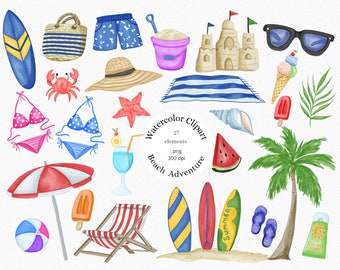 Watercolor Summer Beach Clipart, Tropical Beach Clipart, Summer Vacation,Clipart, Travel, Palm Tree, Surfer Beach, Surfing, PNG, sandcastle