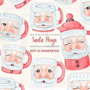 Canecas de Papai Noel de Natal Vintage Clipart, Canecas de Natal em Aquarela Clipart, Chá da Tarde de Natal, Sublimação, PNG, Uso Comercial