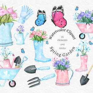 K&ouml;nnte beinhalten: Aquarell-Clipart-Set mit Fr&uuml;hlingsgartenelementen, darunter Blumen, Schmetterlinge, Gie&szlig;kannen, Gartenger&auml;te und eine Schubkarre. Das Set enth&auml;lt 25 Elemente, jedes mit einer Aufl&ouml;sung von 300 dpi.