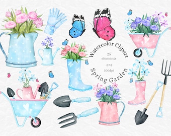 Spring Garden clipart,Watercolor hobby gardening clipart,cute flower clipart,butterfly,wheelbarrow,Planner stickers graphics,Sublimation png