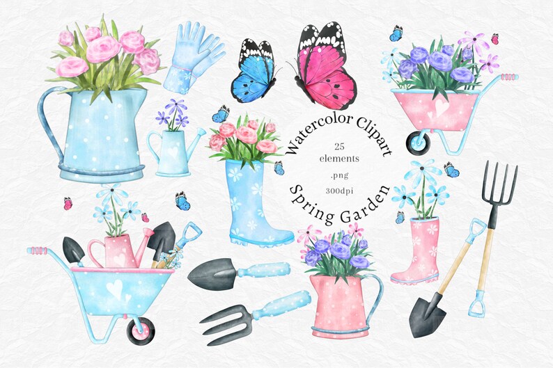 K&ouml;nnte beinhalten: Aquarell-Clipart-Set mit Fr&uuml;hlingsgartenelementen, darunter Blumen, Schmetterlinge, Gie&szlig;kannen, Gartenger&auml;te und eine Schubkarre. Das Set enth&auml;lt 25 Elemente, jedes mit einer Aufl&ouml;sung von 300 dpi.