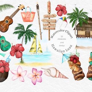 Watercolor Luau clipart, Tropical Travel Clipart Summer Beach Clip art Hawaiian Luau Clipart Hawaii Beach Hut PNG coconut tropical flowers