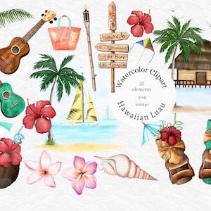 Watercolor Luau clipart, Tropical Luau Clipart, Summer Beach Clip art, Hawaiian Luau Clipart, Hawaii, Beach PNG, coconut, tropical flowers