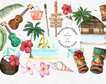Watercolor Luau clipart, Tropical Luau Clipart, Summer Beach Clip art, Hawaiian Luau Clipart, Hawaii, Beach PNG, coconut, tropical flowers
