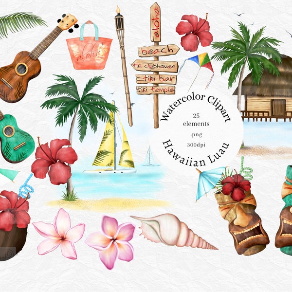 Aquarelle Luau clipart, Tropical Luau Clipart, Summer Beach Clip art, Hawaiian Luau Clipart, Hawaii, Beach PNG, noix de coco, fleurs tropicales