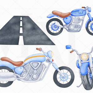 May include: Three watercolor illustrations of blue motorcycles. One motorcycle has the number "1" on the side. The motorcycles are on a white background.