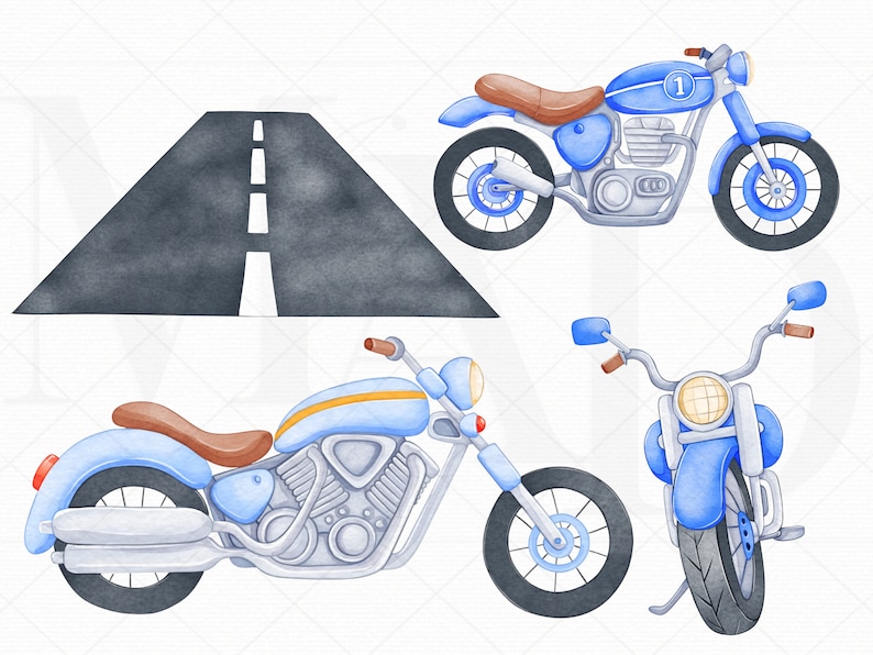 May include: Three watercolor illustrations of blue motorcycles. One motorcycle has the number "1" on the side. The motorcycles are on a white background.