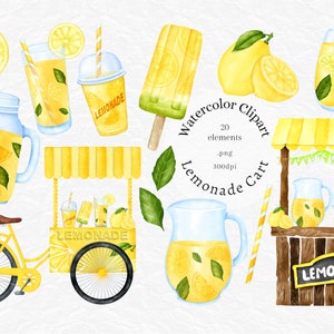 May include: Watercolor clipart set of a lemonade stand with a yellow and white striped awning, a bicycle, a pitcher of lemonade, a glass of lemonade, a mason jar of lemonade, a cup of lemonade, a popsicle, lemons, and leaves. The text "Lemonade Cart" is written in a circle with a yellow background. The text "Lemonade" is written on a sign on the lemonade stand.