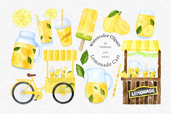 Watercolor Lemonade Stand Clipart: Summer Drink PNG Graphics (Digital Download)