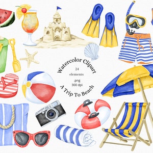 Sommer Strand Clipart, Aquarell Strand Clipart, Sommer Essentials, Strandmode Clip Art, Tropischer Sommer, Urlaub, Urlaub, PNG, Cocktail