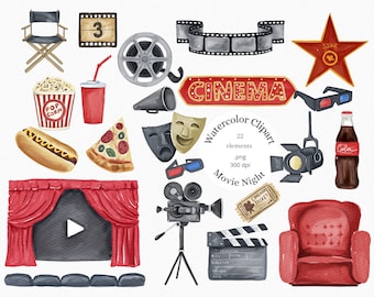 Watercolor Movie Night Clipart: Popcorn, Pizza, Soda (PNG Digital Download, 22 Pieces)