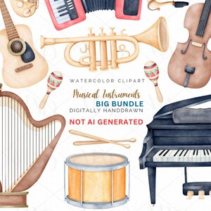 May include: Watercolor clipart of various musical instruments, including a grand piano, violin, guitar, trumpet, and drum set. The image also features maracas, a harp, and the text "Musical Instruments Big Bundle Digitally Handdrawn Not AI Generated."