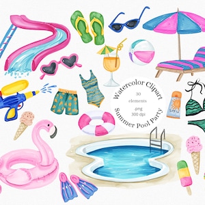Aquarelle Pool Party Clipart, Clipart été, Clipart vacances d'été, Beach Party, Flamant rose, Popsicle, PNG, Invitation à une fête d'été