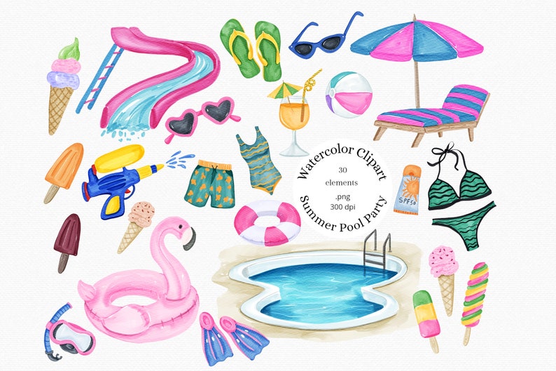 Watercolor Pool Party Clipart, Summer Clipart, Summer Vacation Clipart, Beach Party, Flamingo, Popsicle, PNG, Summer Party Invitation image 1