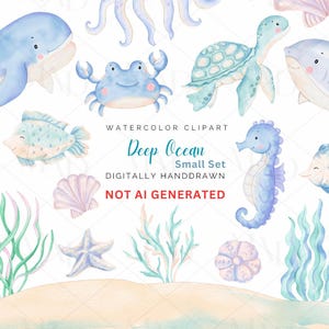 Paquete de imágenes prediseñadas de acuarela bajo el mar, imágenes prediseñadas de animales marinos submarinos, imágenes PNG pastel de ballenas, pulpos, caballitos de mar y tortugas.