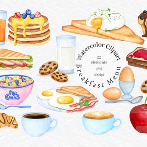 Watercolor Breakfast Clip art, Pancake Clipart, eggs and bacon png, coffee, morning cereals, milk cookies, muffin, croissant, sublimation