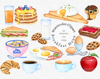Watercolor Breakfast Clip art, pancakes, omelette, bacon, clipart, coffee, cereals, milk cookies, muffin, croissant, sublimate, planner,png
