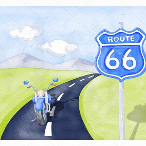 May include: A blue motorcycle is driving down a winding road with a blue Route 66 sign in the background.