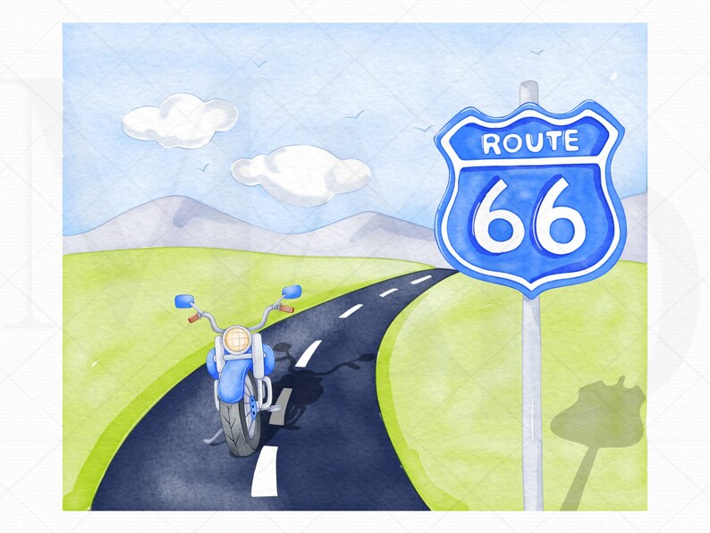 May include: A blue motorcycle is driving down a winding road with a blue Route 66 sign in the background.