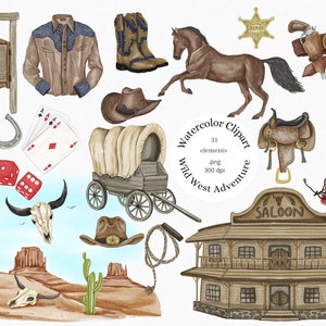 Cowboy Clipart, Wild West Clipart, Watercolor Cowboy Boots Clipart, Cowgirl Clipart, PNG, Cactus, Desert, Cowboy Hat, Horse