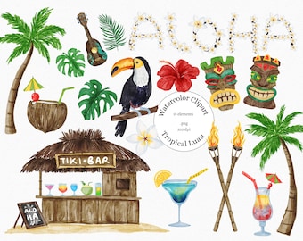 Watercolor Luau Clipart, Tiki Totem Clipart, Tiki Bar Party Clipart, Hawaii, Tropical Summer, PNG, Toucan Clip art, Luau Party, Palm Trees