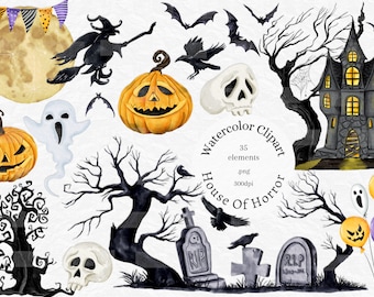 Watercolor Halloween Clipart, Spooky hand drawn Halloween PNG, cute ghost, Jack O Lantern, Haunted House, Tombstone, Witch Hat, Bat, Skull