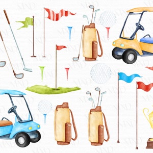 May include: A watercolour illustration featuring golf equipment. The image includes golf clubs, golf balls on tees, flags, golf carts, and trophy cups. The colour scheme uses green, brown, yellow, and blue, creating a sporty and playful design.