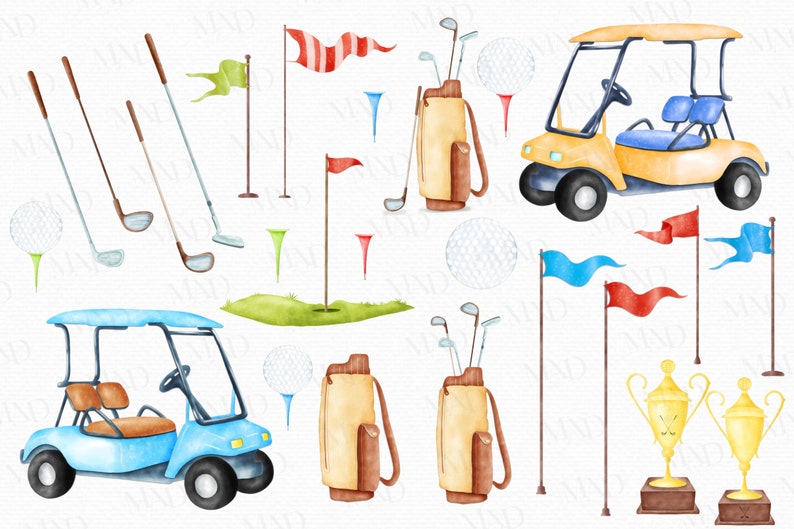 May include: A watercolour illustration featuring golf equipment. The image includes golf clubs, golf balls on tees, flags, golf carts, and trophy cups. The colour scheme uses green, brown, yellow, and blue, creating a sporty and playful design.
