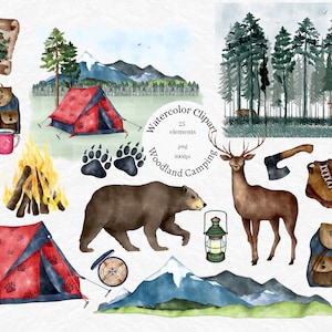 Watercolor Camping clip art, Summer Outdoor Woodland Adventure Travel clipart, nature, mountain, trees, bear, deer, sublimate png, forest