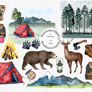 Watercolor Camping Clipart Bundle: Rustic Forest Adventure PNG (Digital Download